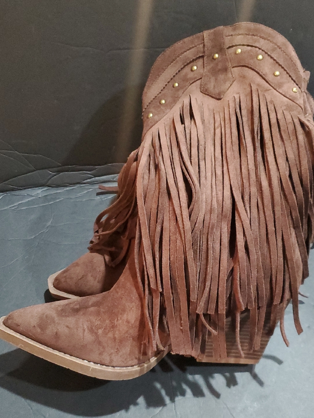 Brown faux suede fringed gold studded midcalf cowgirl cowboy boots size 10‎ new - Picture 2 of 11